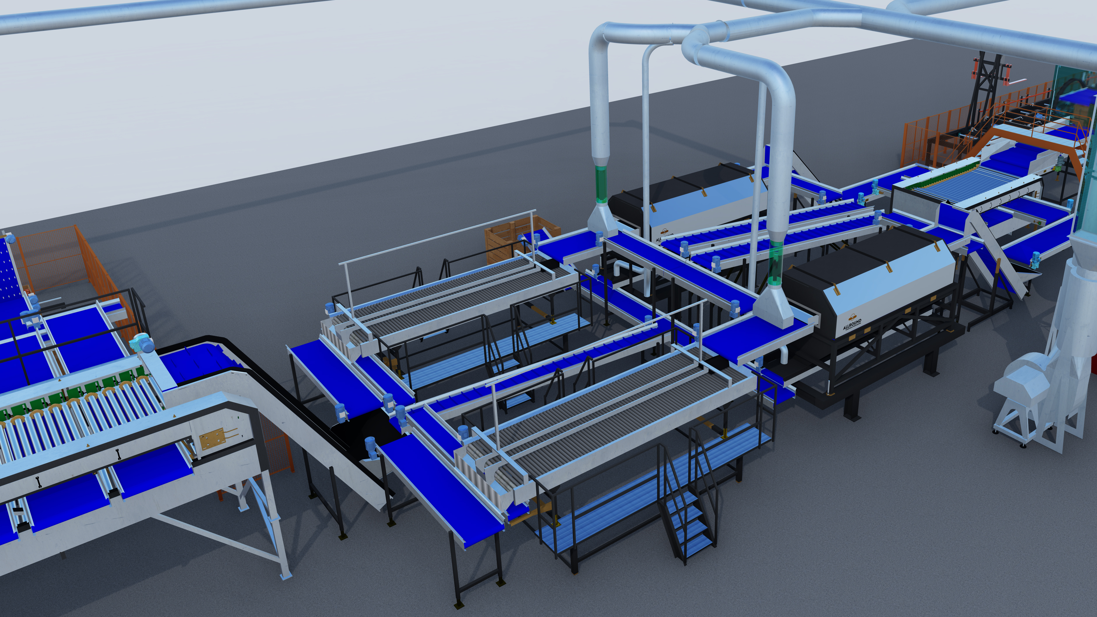 Topping and inspection machinary of an onion line with a dust collector of jongejans