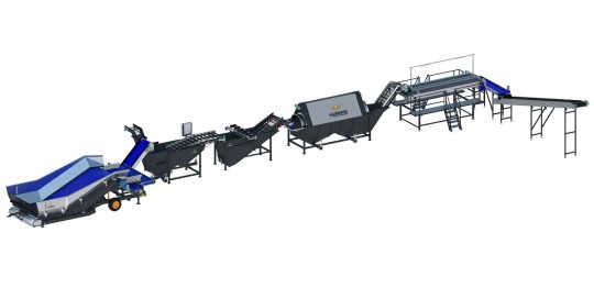 Processing line with skin separator and destoner for industrial potatoes