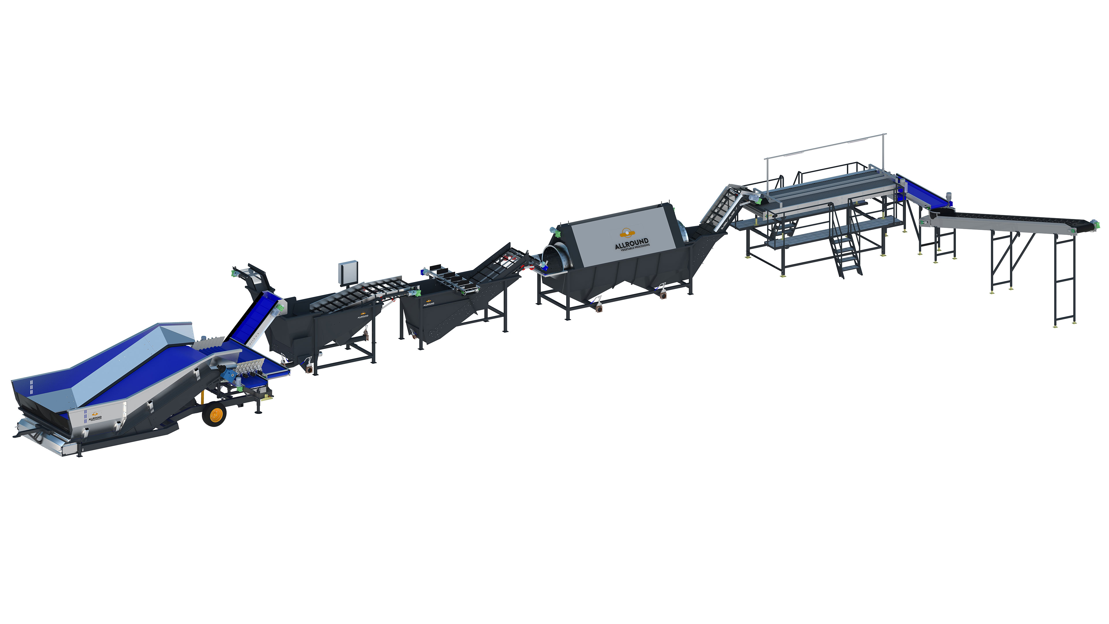 Processing line with skin separator and destoner for industrial potatoes